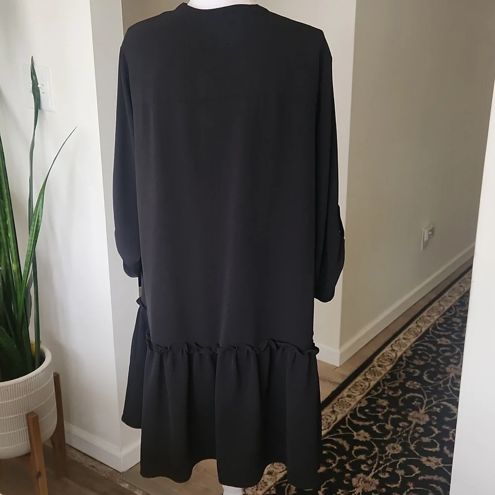 Emma & Michelle Shirt Dress Black Ruffle V-Neck Roll Tab Sleeves 2X - Picture 4 of 12